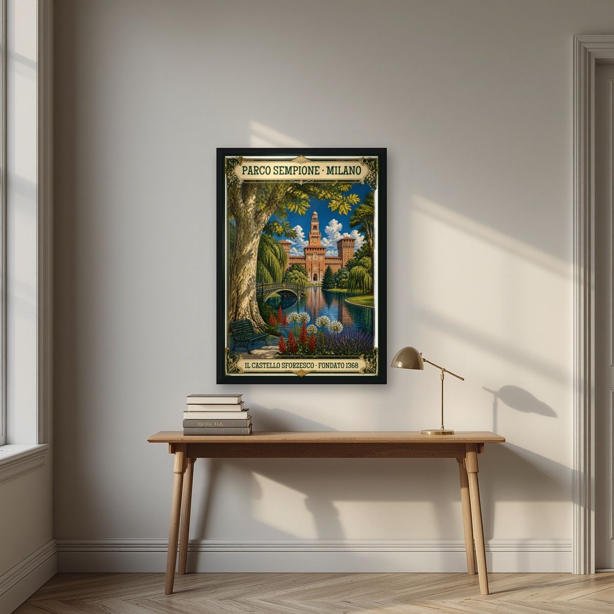 Parco Sempione — Milan art print, in a black frame, styled in a desk