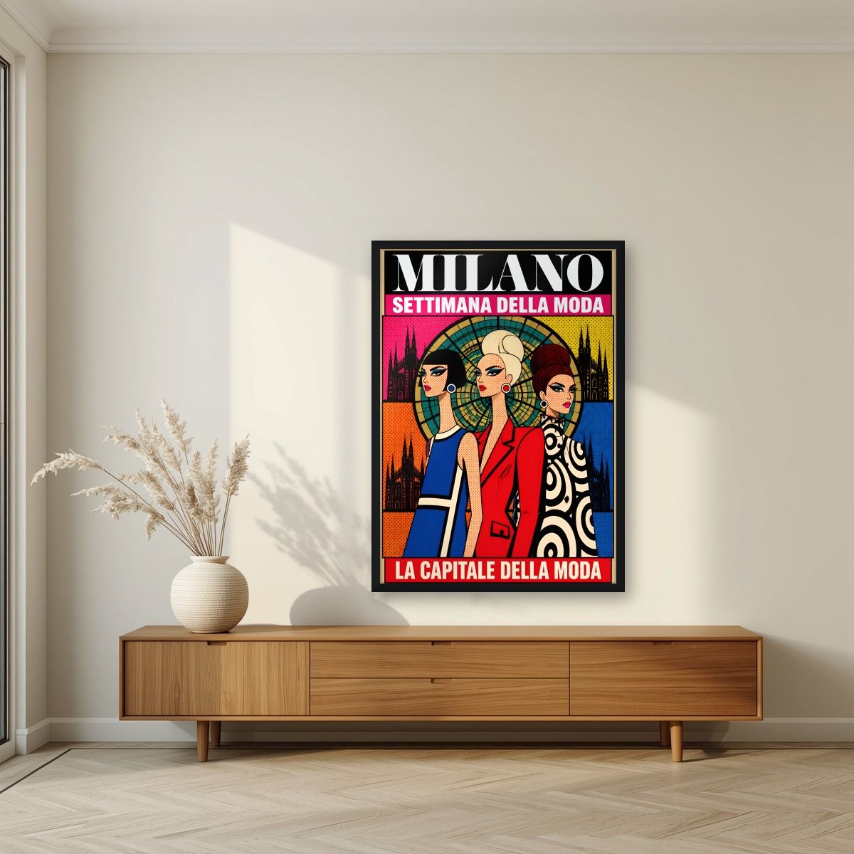 Settimana Della Moda — Milan art print, in a black frame, styled in a living room