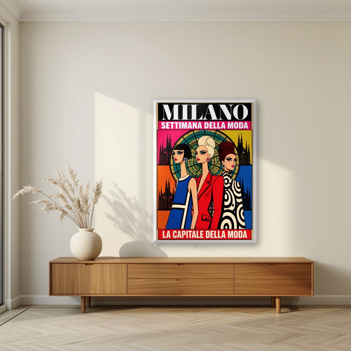 Settimana Della Moda — Milan art print, in a white frame, styled in a living room