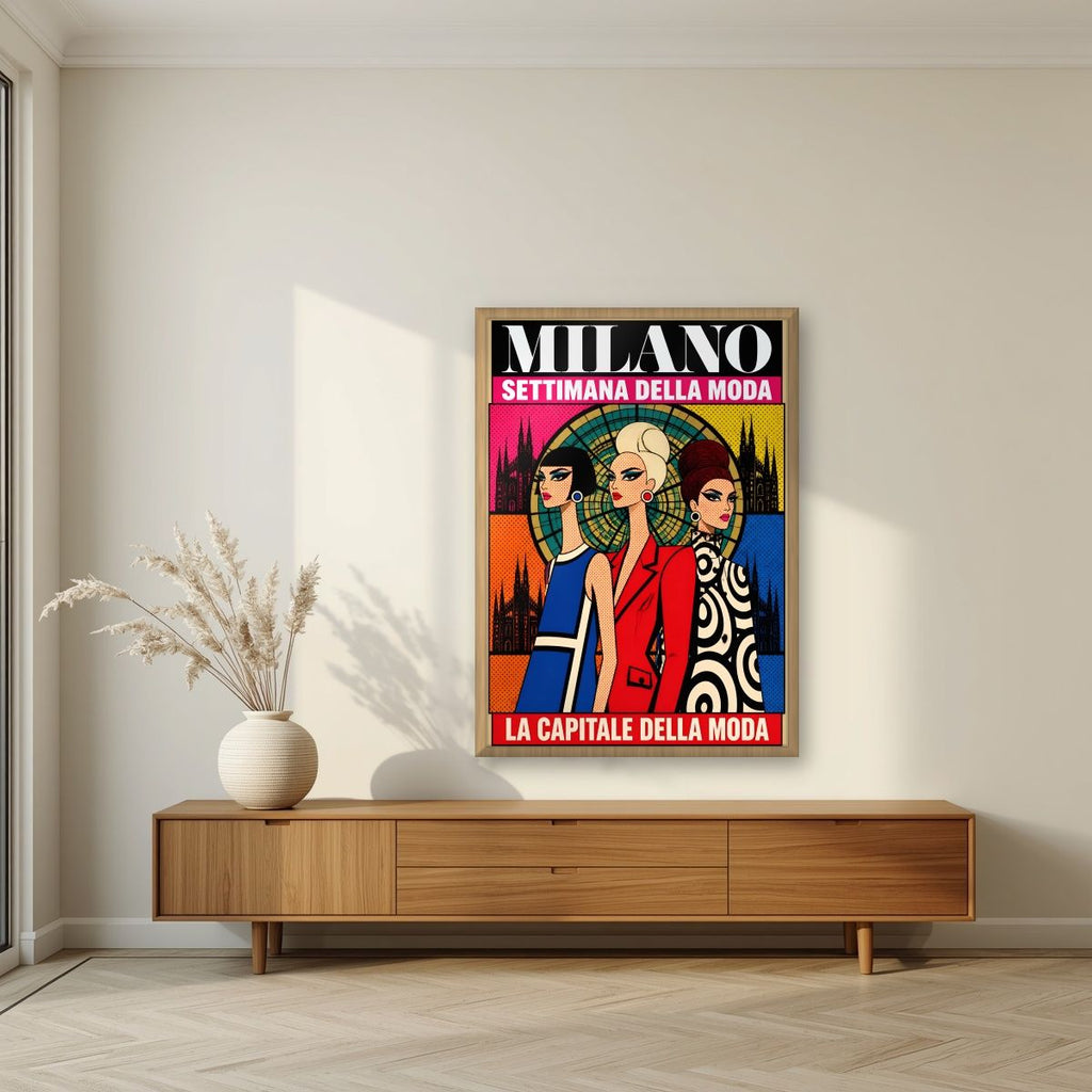 Settimana Della Moda — Milan art print, in an oak frame, styled in a living room