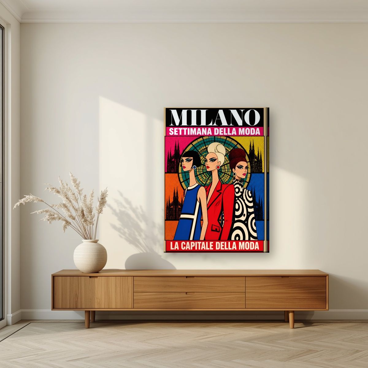 Settimana Della Moda — Milan art print, on slim canvas, styled in a living room