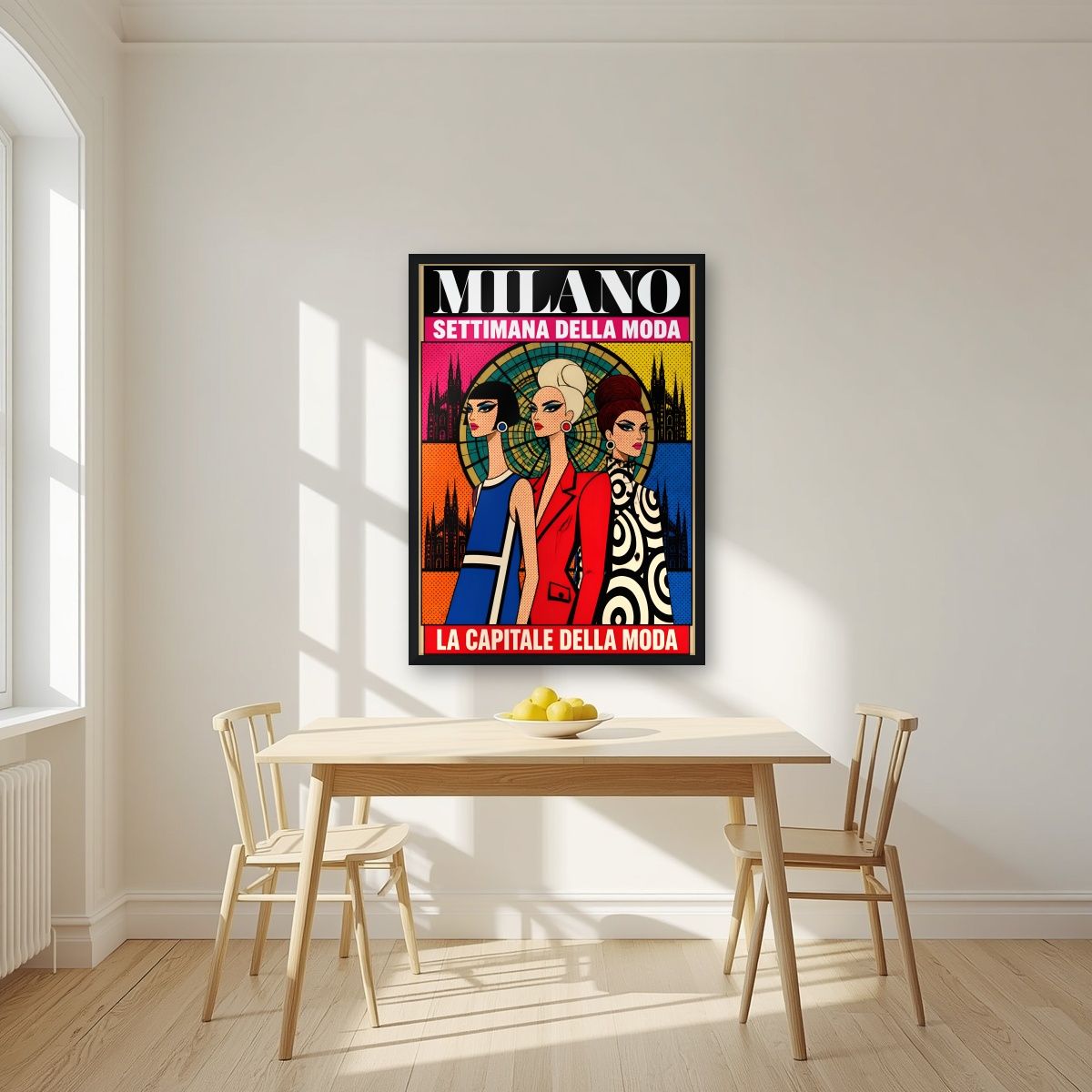 Settimana Della Moda — Milan art print, in a black frame, styled in a kitchen