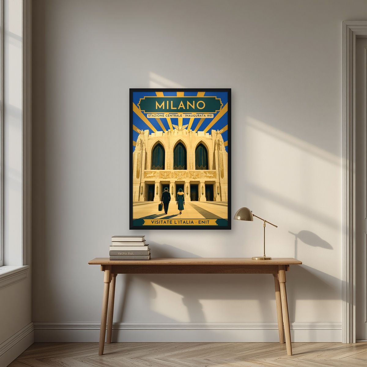 Stazione Centrale — Milan art print, in a black frame, styled in a desk
