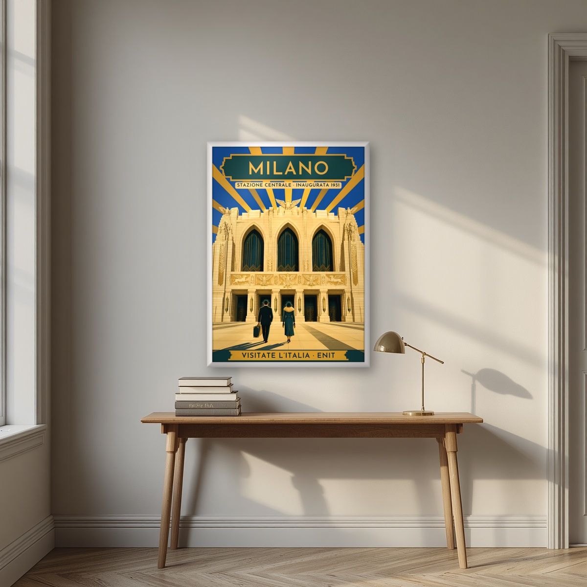 Stazione Centrale — Milan art print, in a white frame, styled in a desk