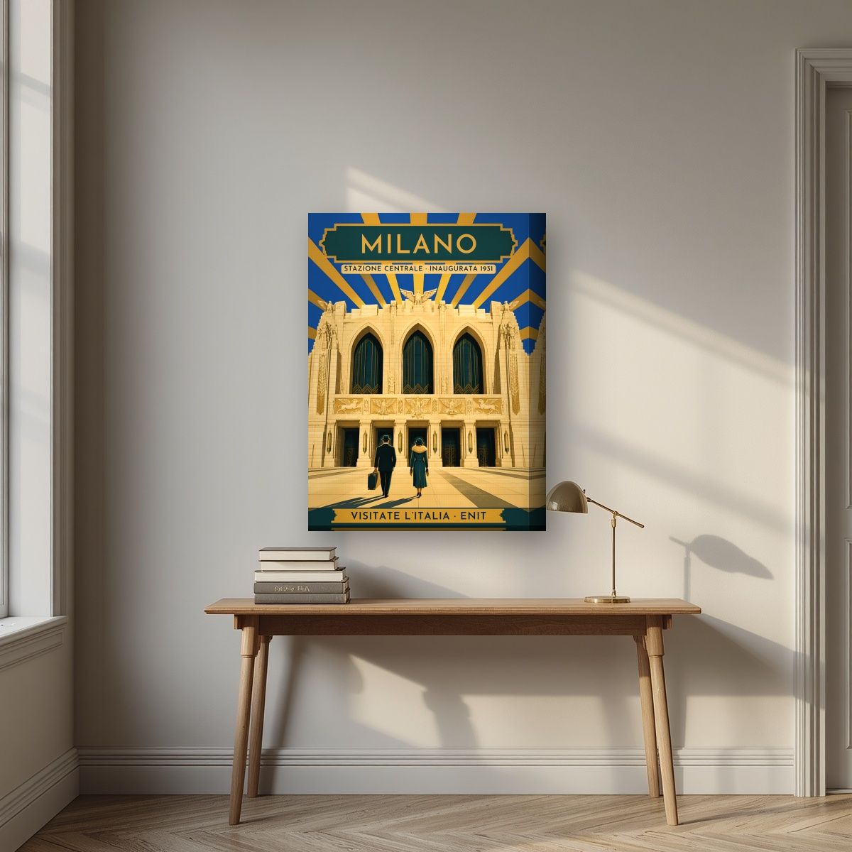 Stazione Centrale — Milan art print, on thick canvas, styled in a desk