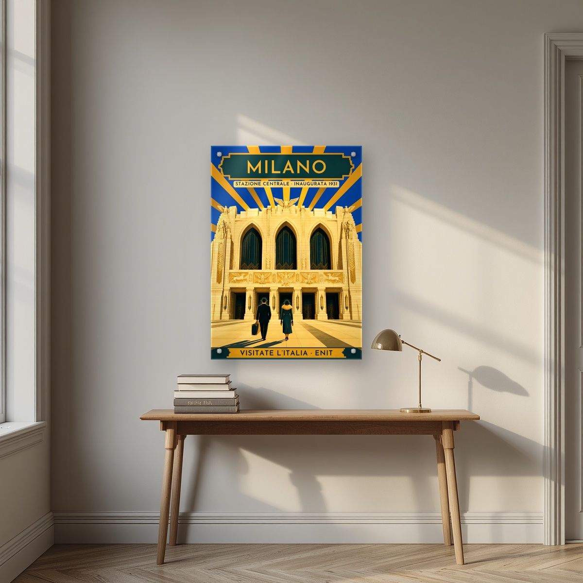 Stazione Centrale — Milan art print, as an acrylic print, styled in a desk