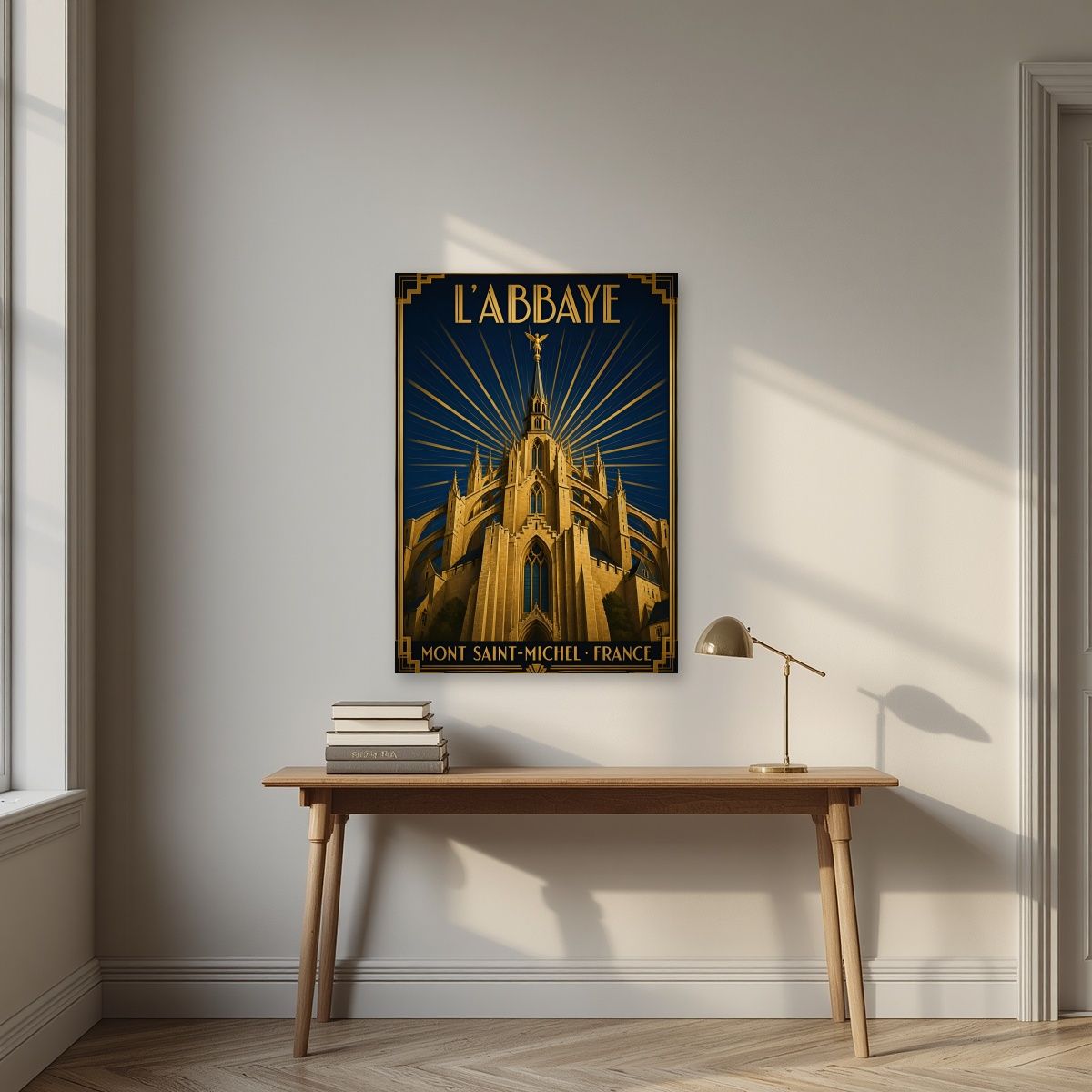 L'Abbaye — Mont-Saint-Michel art print, unframed poster, styled in a desk