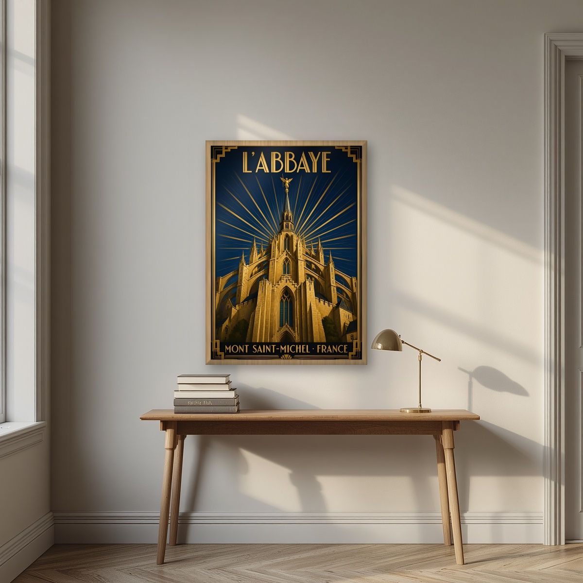 L'Abbaye — Mont-Saint-Michel art print, in an oak frame, styled in a desk