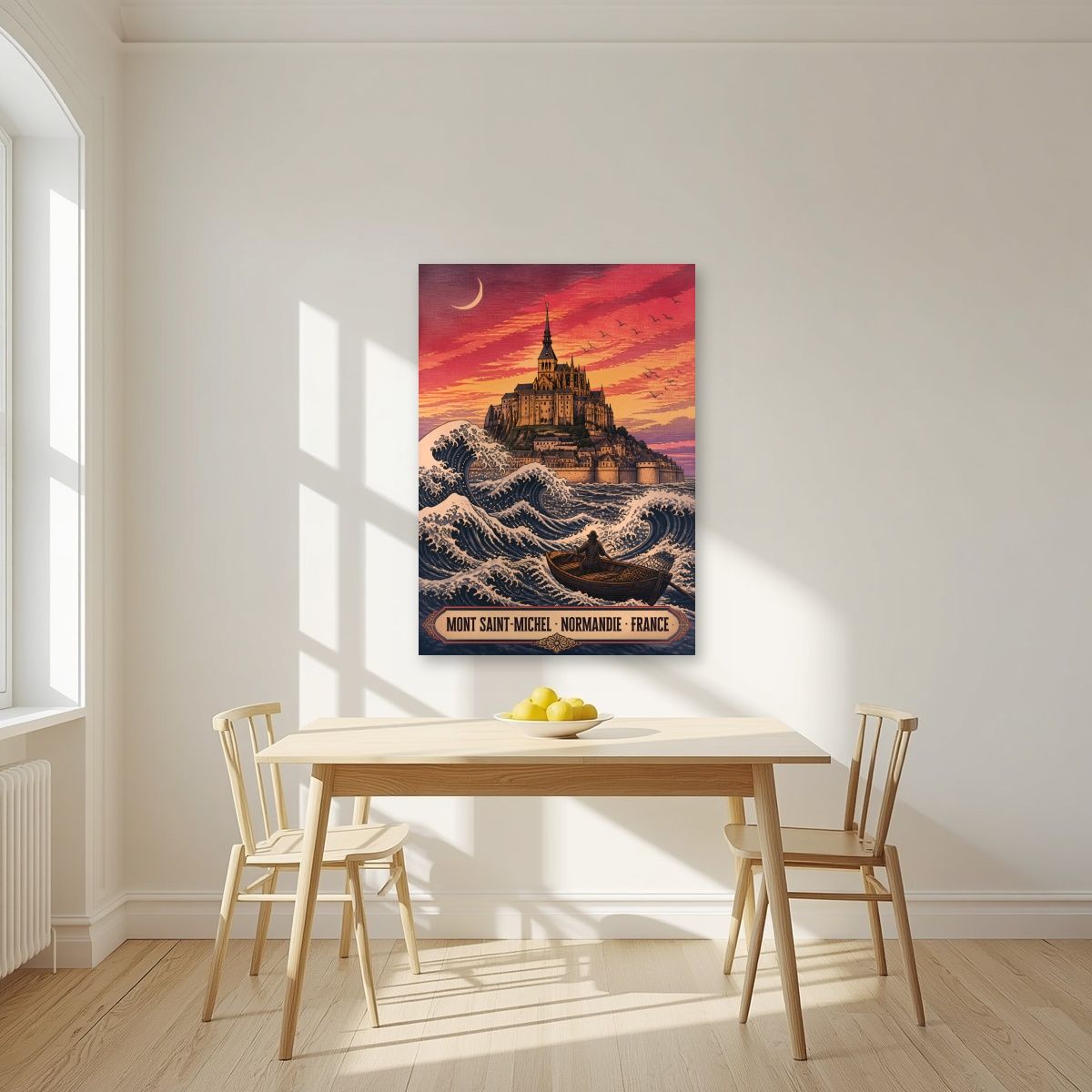 La Grande Vague — Mont-Saint-Michel art print, unframed poster, styled in a kitchen