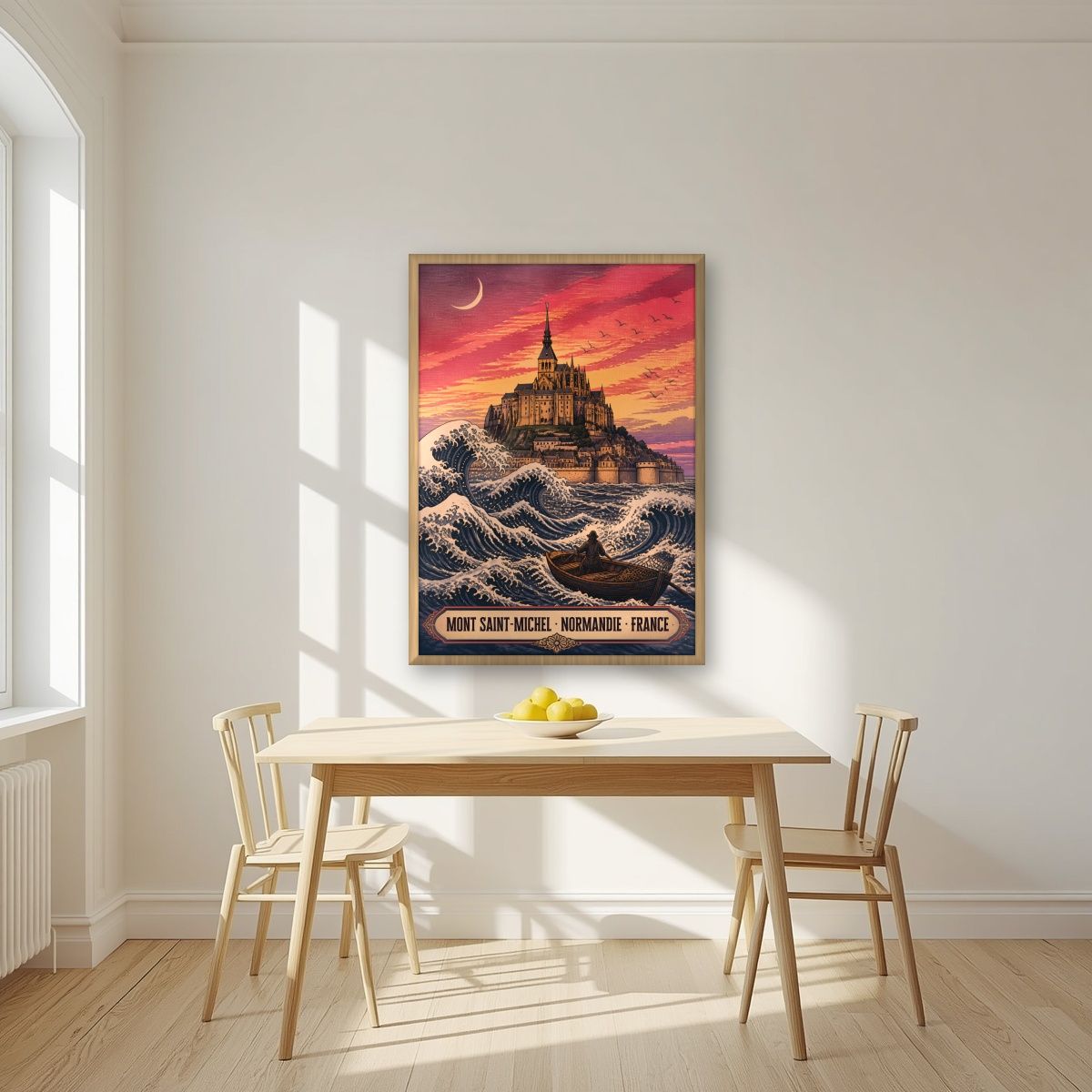 La Grande Vague — Mont-Saint-Michel art print, in an oak frame, styled in a kitchen