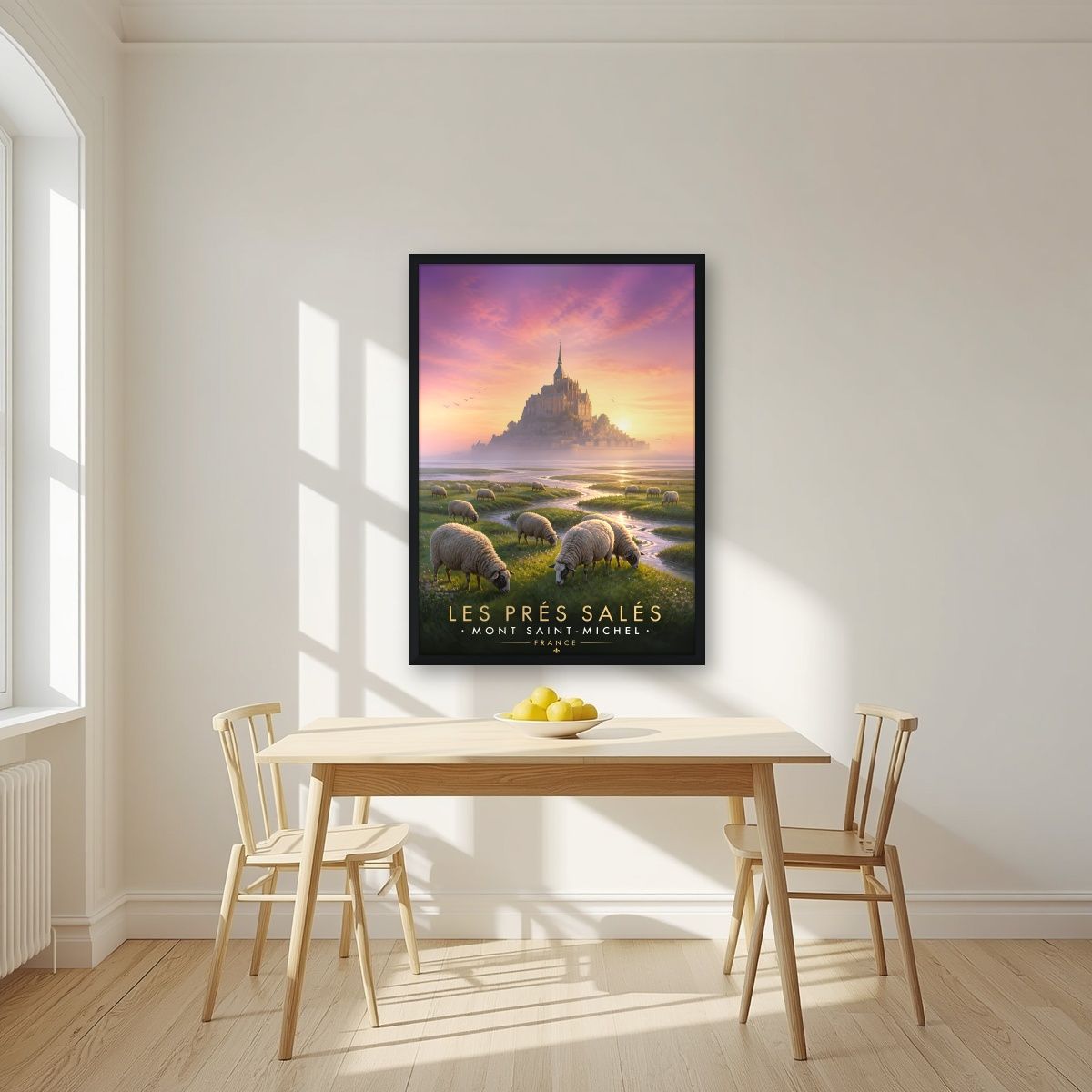 Les Prés Salés — Mont-Saint-Michel art print, in a black frame, styled in a kitchen