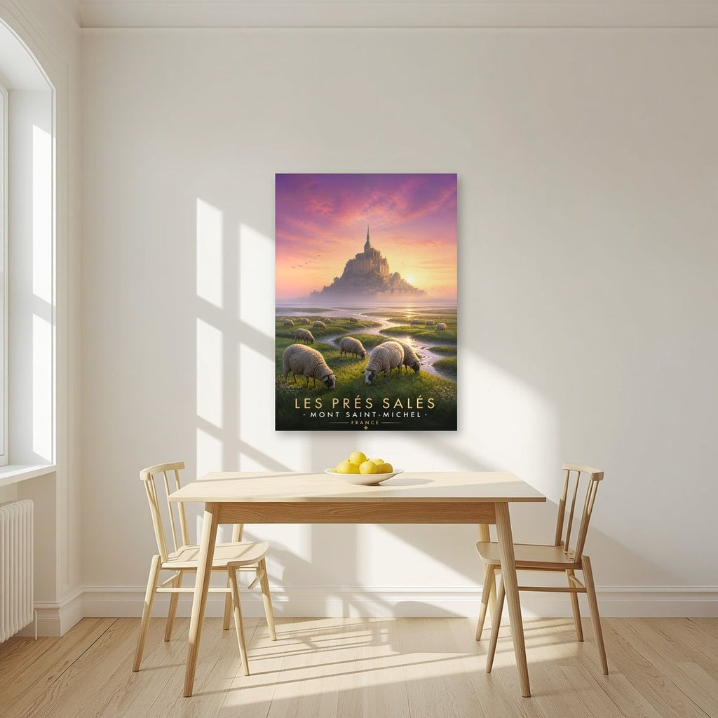 Les Prés Salés — Mont-Saint-Michel art print, unframed poster, styled in a kitchen