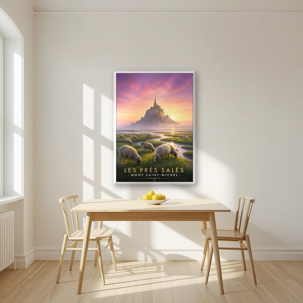 Les Prés Salés — Mont-Saint-Michel art print, in a white frame, styled in a kitchen