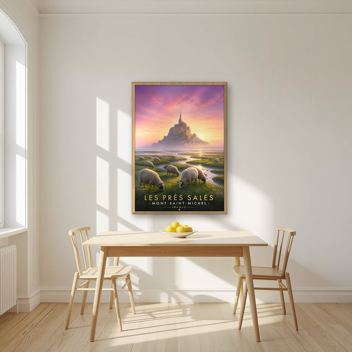 Les Prés Salés — Mont-Saint-Michel art print, in an oak frame, styled in a kitchen