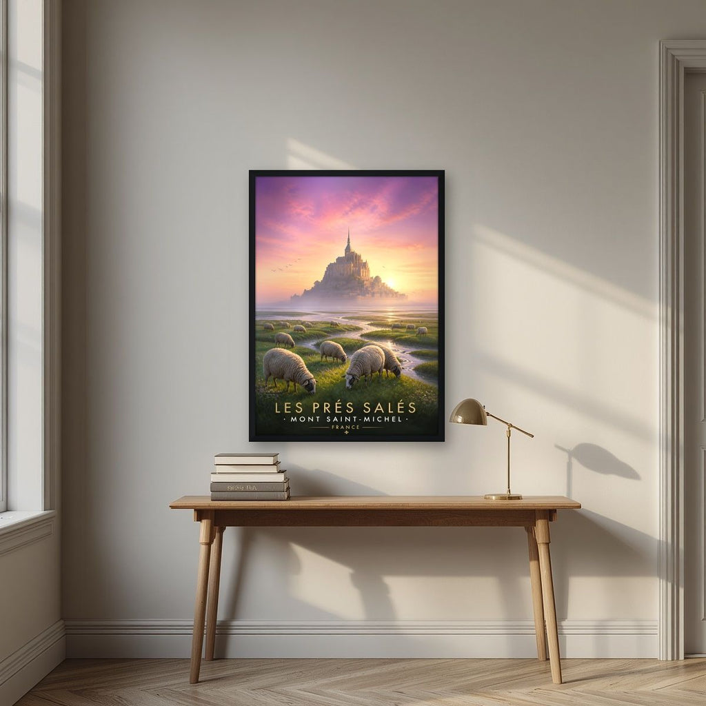 Les Prés Salés — Mont-Saint-Michel art print, in a black frame, styled in a desk
