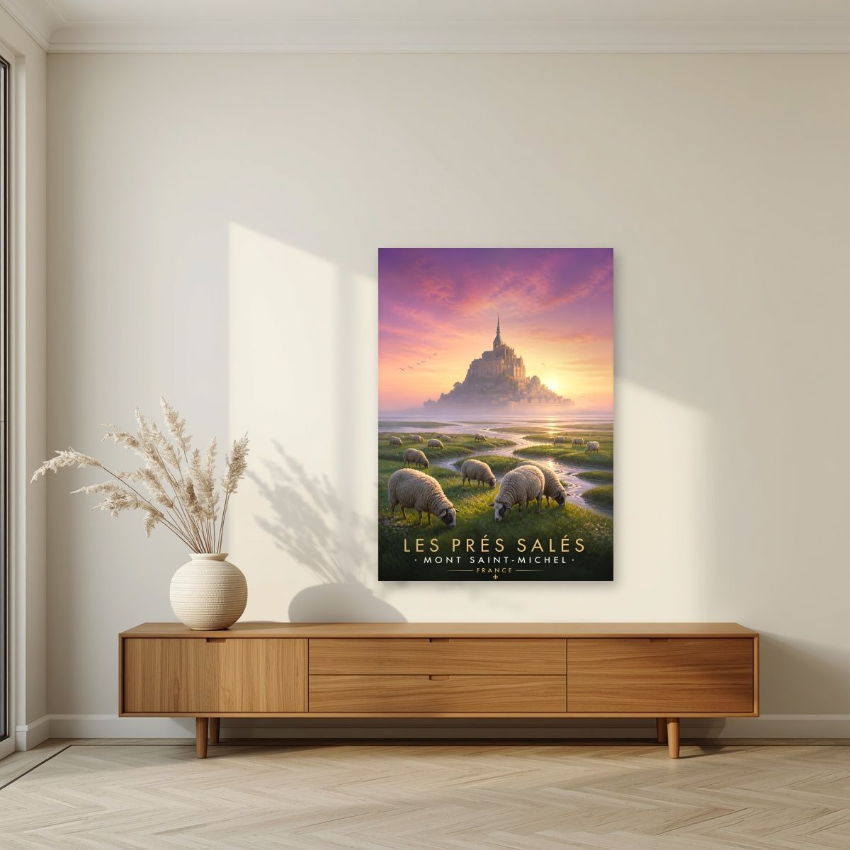 Les Prés Salés — Mont-Saint-Michel art print, unframed poster, styled in a living room
