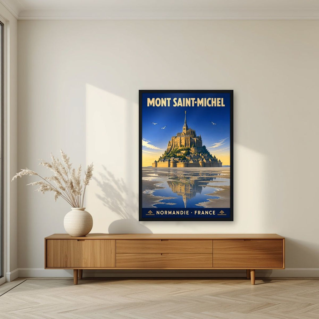 Marée Basse — Mont-Saint-Michel art print, in a black frame, styled in a living room