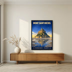 Marée Basse — Mont-Saint-Michel art print, in a black frame, styled in a living room
