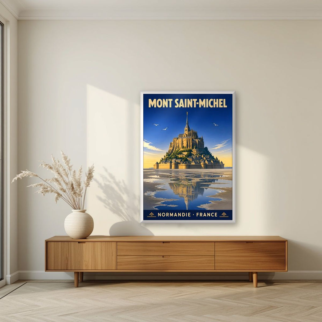 Marée Basse — Mont-Saint-Michel art print, in a white frame, styled in a living room