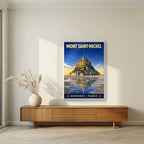 Marée Basse — Mont-Saint-Michel art print, in a white frame, styled in a living room
