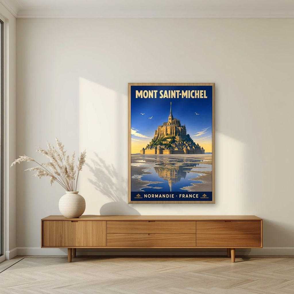 Marée Basse — Mont-Saint-Michel art print, in an oak frame, styled in a living room