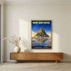 Marée Basse — Mont-Saint-Michel art print, in an oak frame, styled in a living room