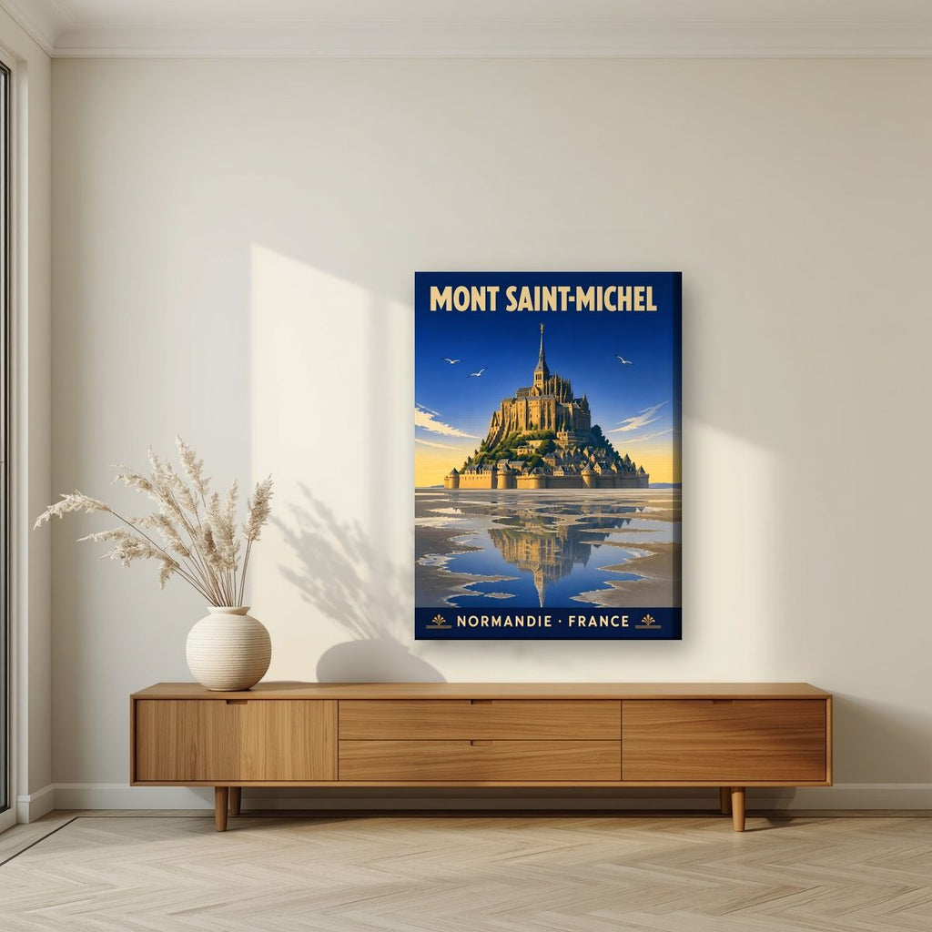 Marée Basse — Mont-Saint-Michel art print, on slim canvas, styled in a living room