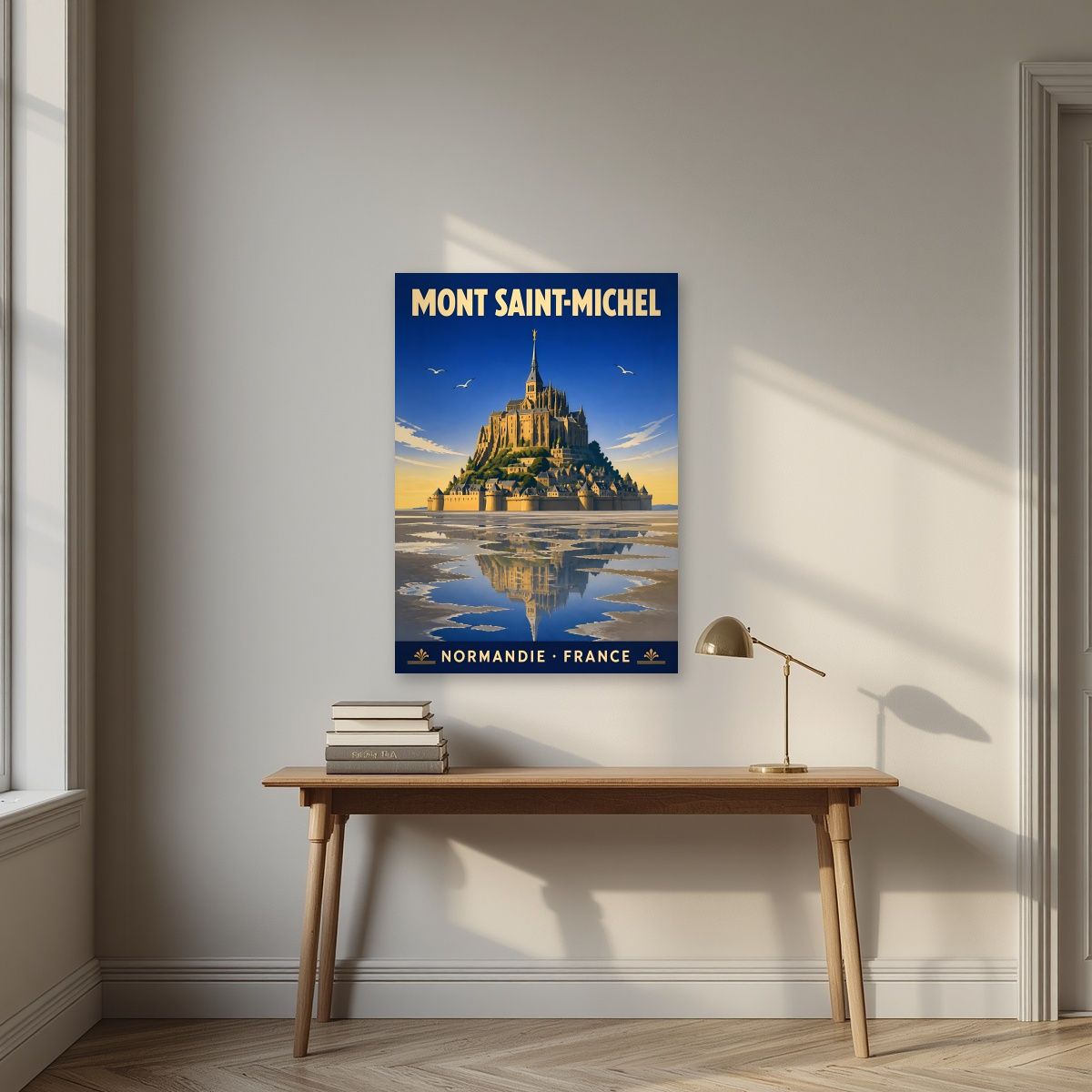 Marée Basse — Mont-Saint-Michel art print, unframed poster, styled in a desk