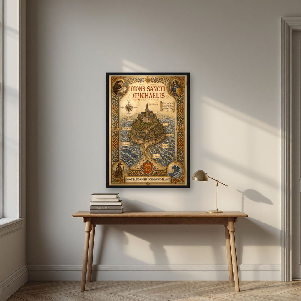Mons Sancti Michaelis — Mont-Saint-Michel art print, in a black frame, styled in a desk