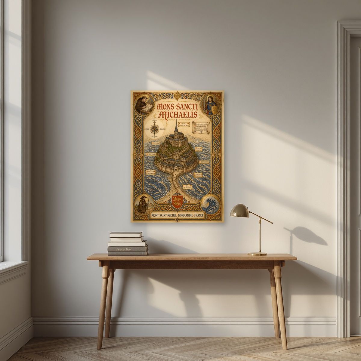 Mons Sancti Michaelis — Mont-Saint-Michel art print, unframed poster, styled in a desk
