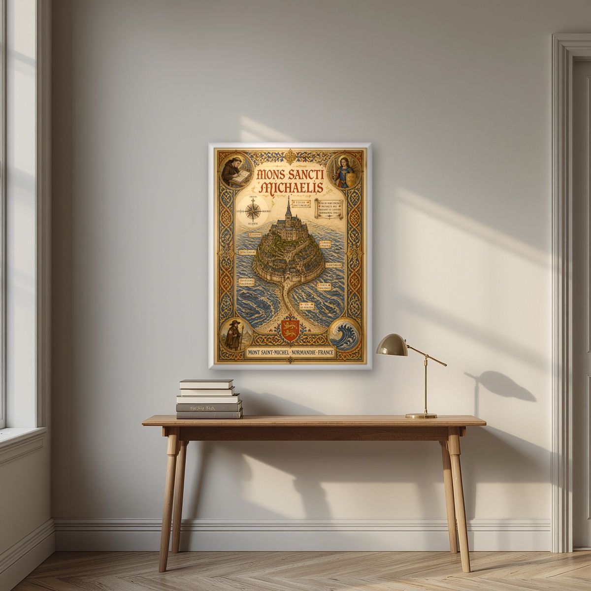 Mons Sancti Michaelis — Mont-Saint-Michel art print, in a white frame, styled in a desk