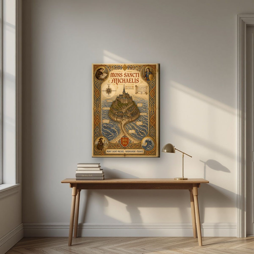 Mons Sancti Michaelis — Mont-Saint-Michel art print, on slim canvas, styled in a desk