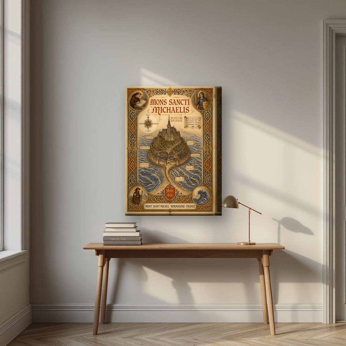 Mons Sancti Michaelis — Mont-Saint-Michel art print, on thick canvas, styled in a desk