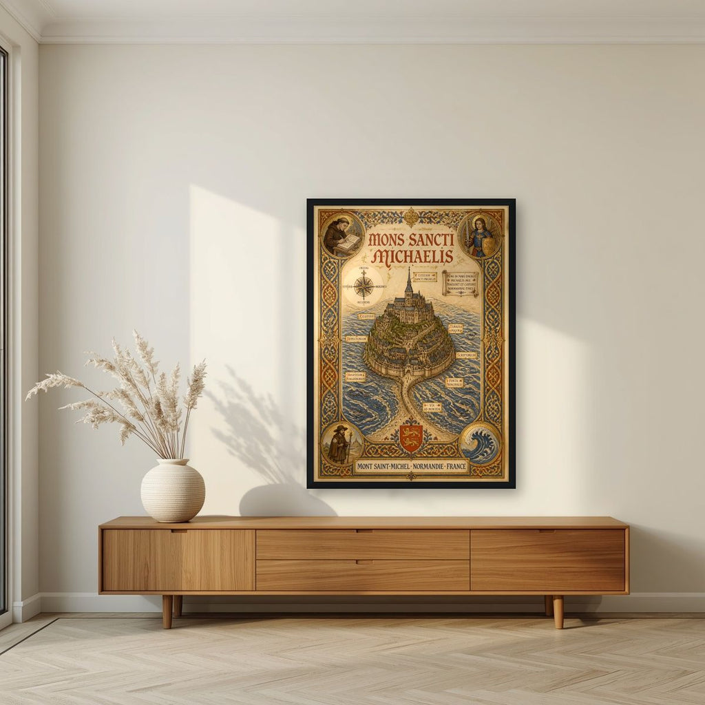 Mons Sancti Michaelis — Mont-Saint-Michel art print, in a black frame, styled in a living room