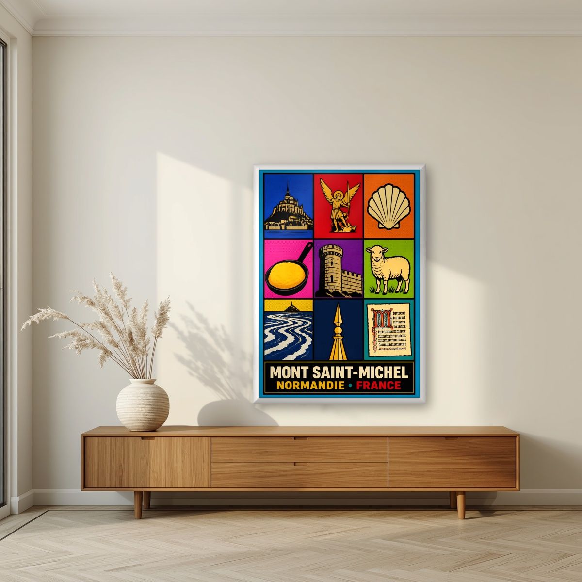 Trésors Normands — Mont-Saint-Michel art print, in a white frame, styled in a living room