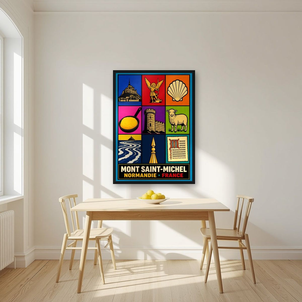 Trésors Normands — Mont-Saint-Michel art print, in a black frame, styled in a kitchen