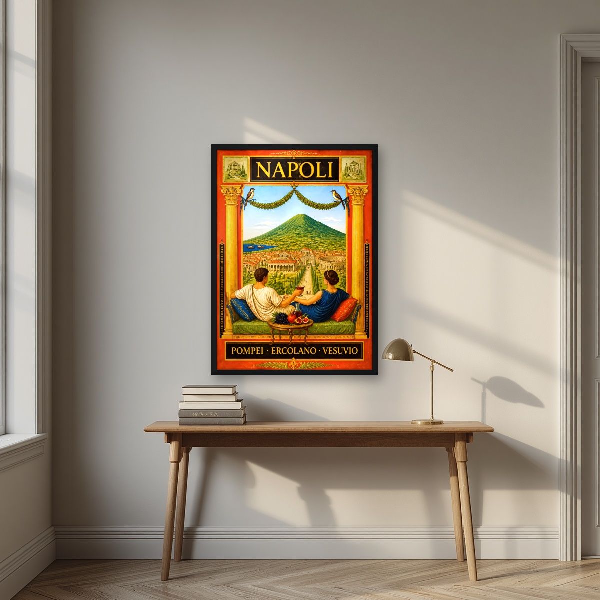 All'Ombra Del Vesuvio — Napoli art print, in a black frame, styled in a desk