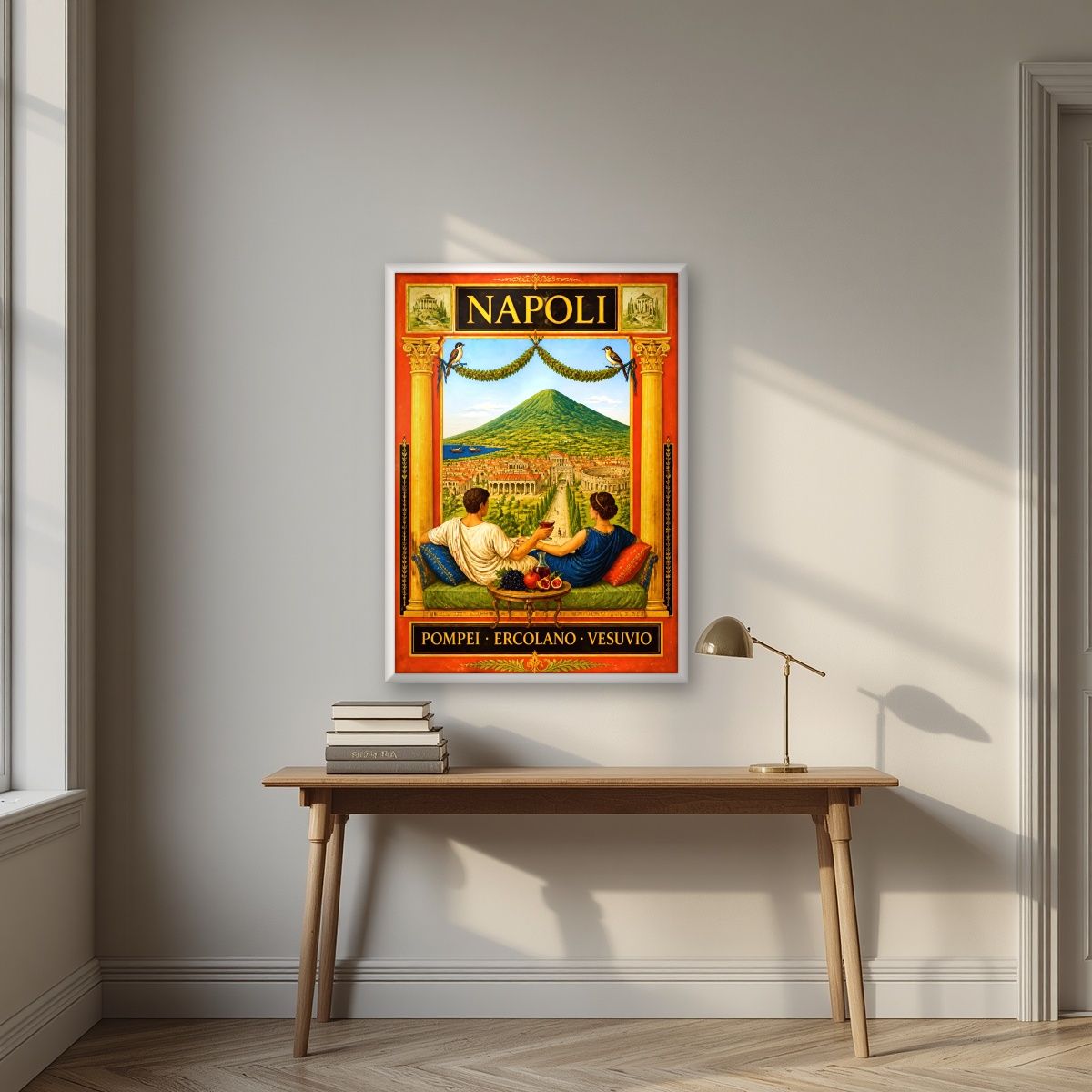 All'Ombra Del Vesuvio — Napoli art print, in a white frame, styled in a desk