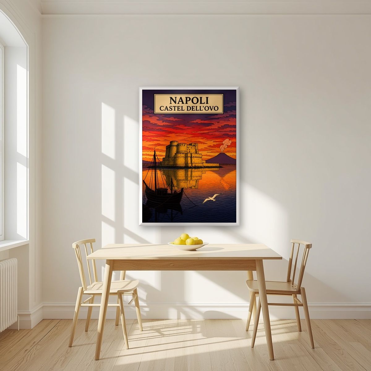 Castel Dell'Ovo — Napoli art print, in a white frame, styled in a kitchen