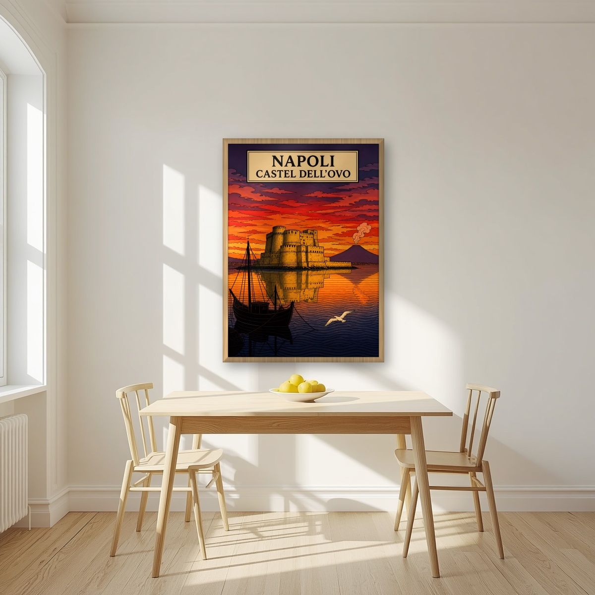 Castel Dell'Ovo — Napoli art print, in an oak frame, styled in a kitchen