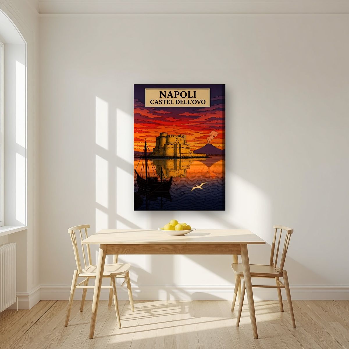 Castel Dell'Ovo — Napoli art print, on slim canvas, styled in a kitchen
