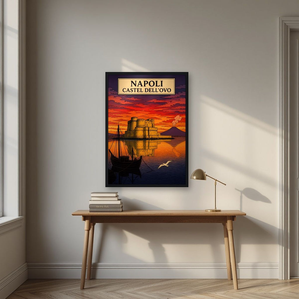 Castel Dell'Ovo — Napoli art print, in a black frame, styled in a desk