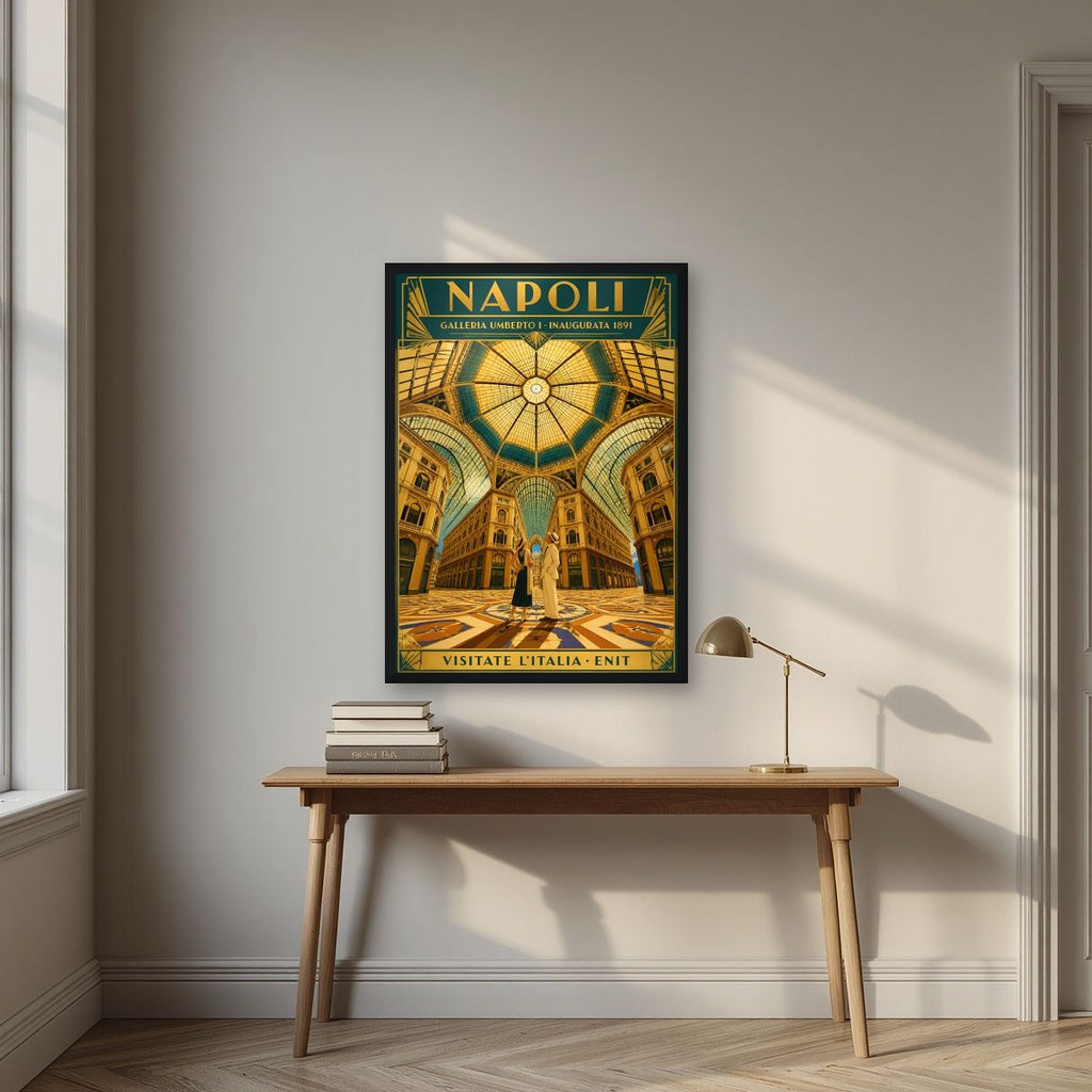 Galleria Umberto I — Napoli art print, in a black frame, styled in a desk