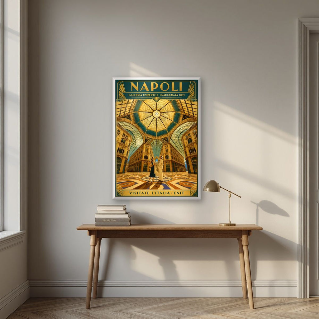 Galleria Umberto I — Napoli art print, in a white frame, styled in a desk