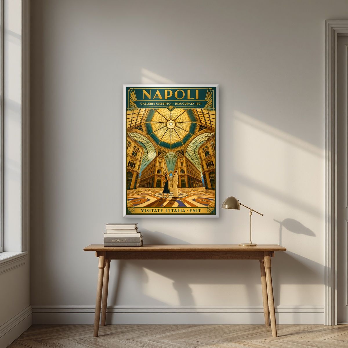 Galleria Umberto I — Napoli art print, in a white frame, styled in a desk