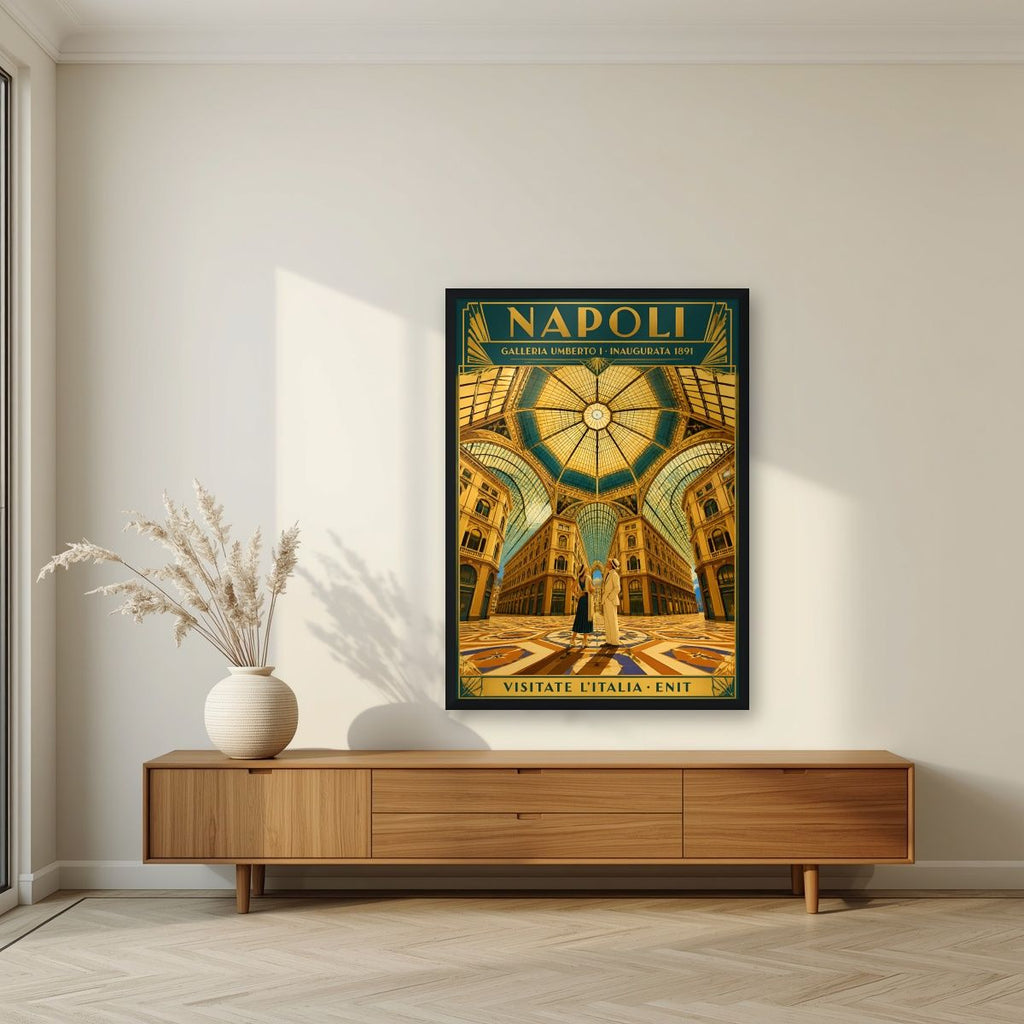 Galleria Umberto I — Napoli art print, in a black frame, styled in a living room