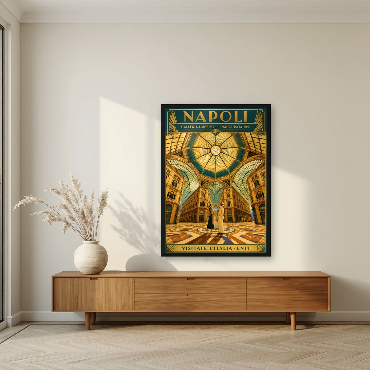 Galleria Umberto I — Napoli art print, in a black frame, styled in a living room