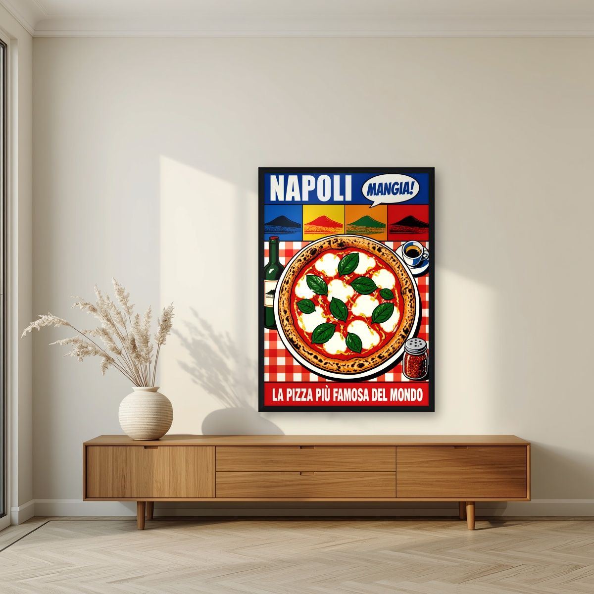 Mangia! — Napoli art print, in a black frame, styled in a living room