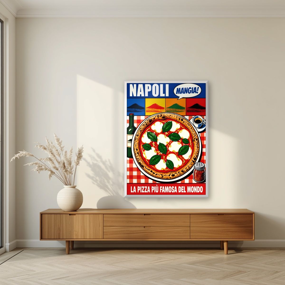 Mangia! — Napoli art print, in a white frame, styled in a living room