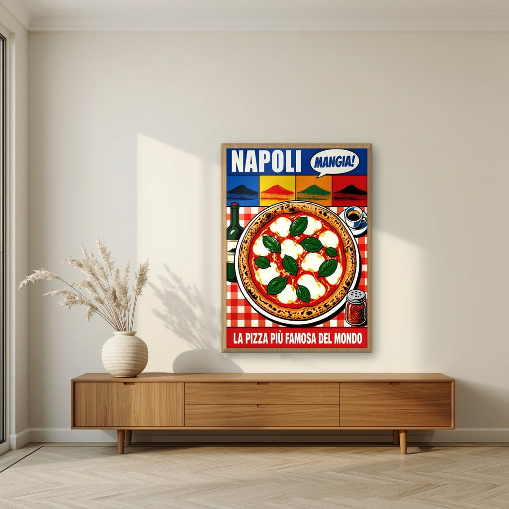 Mangia! — Napoli art print, in an oak frame, styled in a living room
